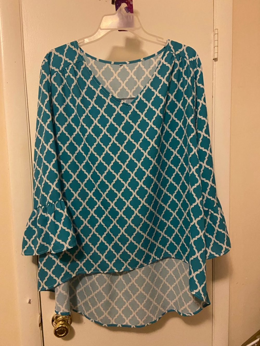 Women's Teal Geometric High-Low Bell Sleeve Tunic
